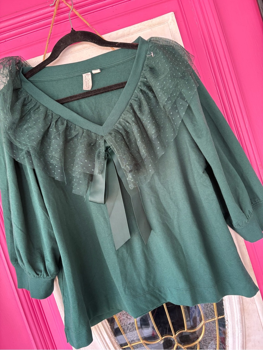 Cato Collection limited edition Emerald Green Ruffle Neck sweater satin bow